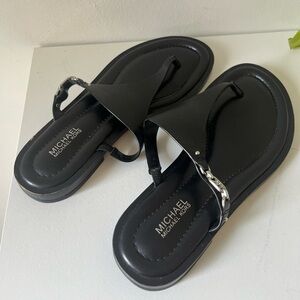 Michael Kors MK Women Logo Black Leather Flat Slip On Sandals